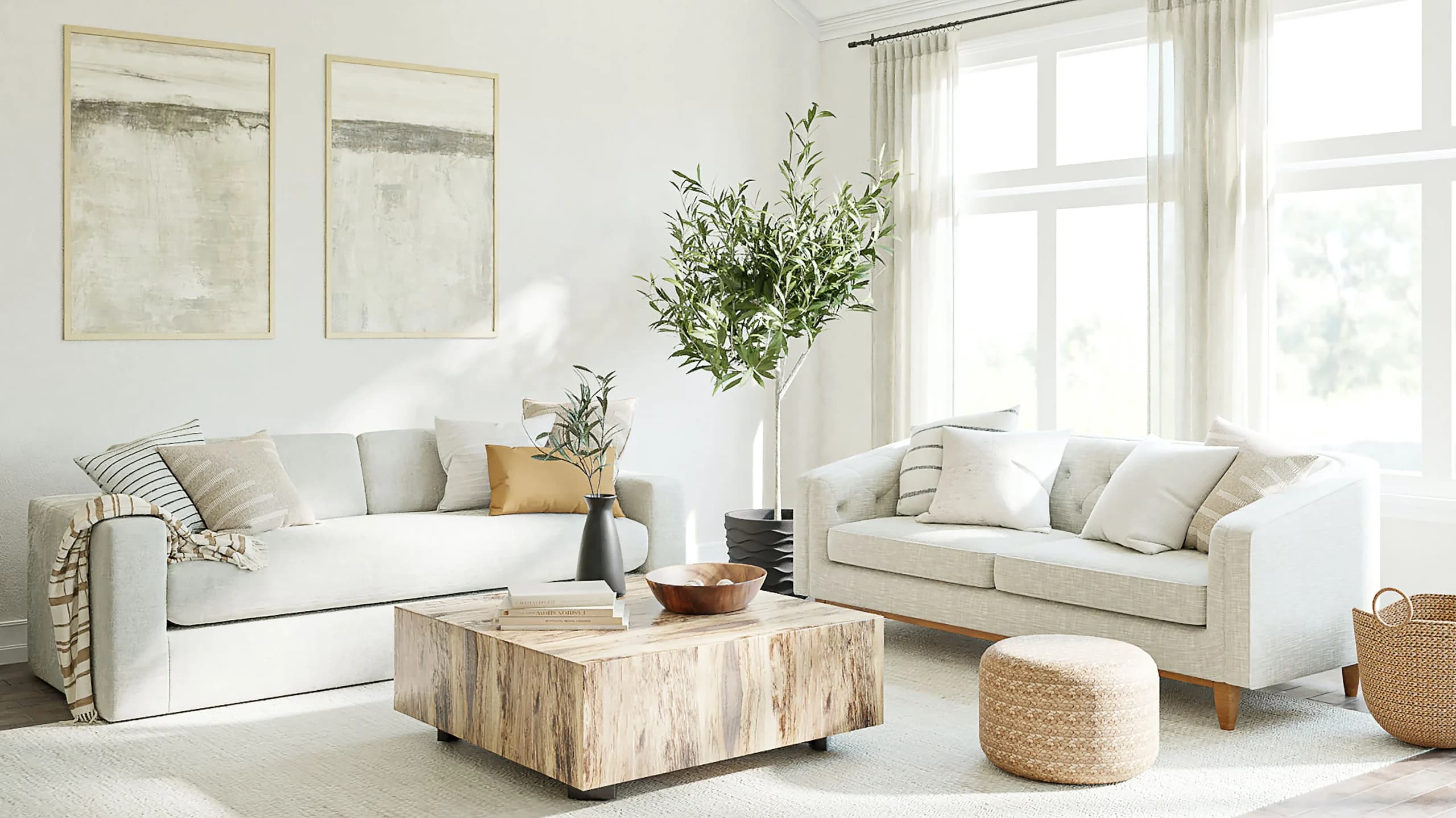 A bright, calm living room filled with natural afternoon light